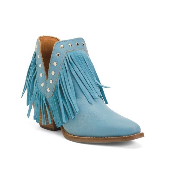 DINGO Blue Made In Mexico Leather Fringe With Studs Fine N Dandy Booties - Picture 1 of 2